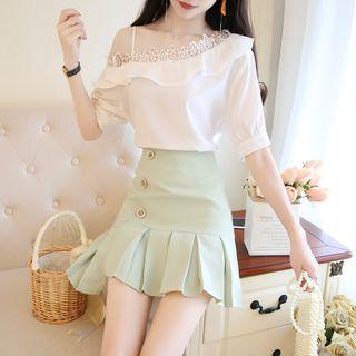 Set: Elbow-sleeve Lace Trim Cold Shoulder Top + A-line Mini Pleated Skirt