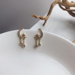 Moon & Star Rhinestone Sterling Silver Fringed Earring E294 - 1 Pair - Gold - One Size