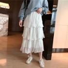 Crinkled A-line Midi Tiered Skirt White - One Size