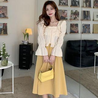 Bell-sleeve Square Neck Blouse / Midi A-line Skirt