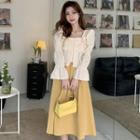 Bell-sleeve Square Neck Blouse / Midi A-line Skirt