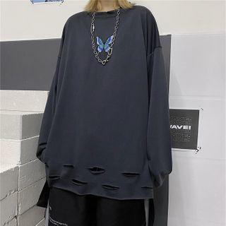 Butterfly Embroidered Distressed Long-sleeve T-shirt