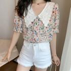 Lace Collar Short Sleeve Floral Print Blouse