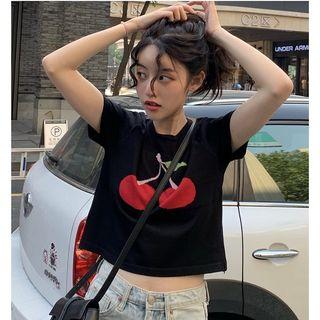 Short-sleeve Cherry Jacquard Knit Top