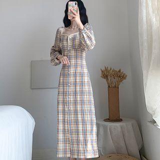 Sweetheart Neckline Lace Trim Plaid Button-up Midi Dress