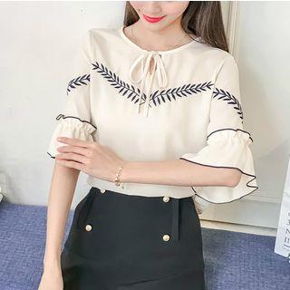 Elbow-sleeve Embroidered Chiffon Top