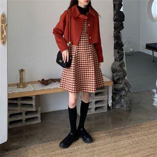 Sleeveless Gingham Mini A-line Dress / Plain Cropped Jacket