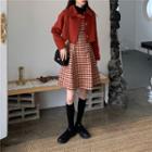Sleeveless Gingham Mini A-line Dress / Plain Cropped Jacket