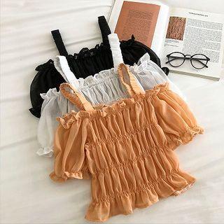 Plain Off-shoulder Puff-sleeve Chiffon Top