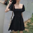 Square Neck Short-sleeve A-line Dress Black - One Size