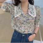 Short-sleeve Flower Print Blouse Blue - One Size