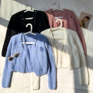 Set: Plain Faux-fur Strap Top + Plain Long-sleeve Cardigan