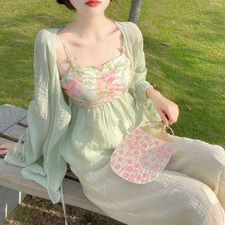 Spaghetti Strap Print Top / Wide-leg Pants / Jacket
