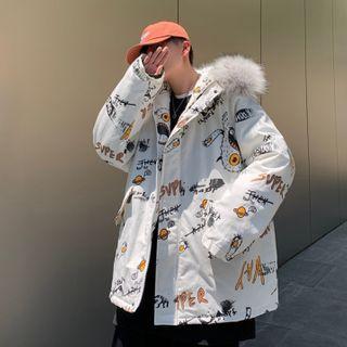 Graphic Print Faux Fur Trim Hooded Zip Jacket