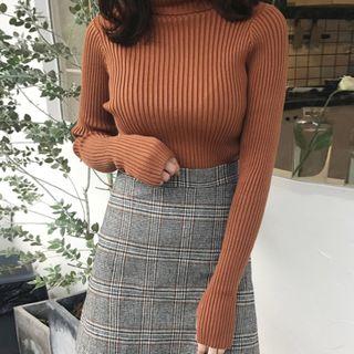 Turtleneck Rib Knit Top With Thumb Holes