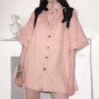 Elbow-sleeve Plain Shirt Dark Pink - One Size