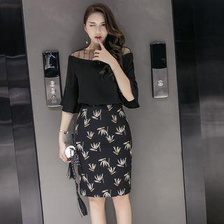 Set: Mesh Panel Elbow Sleeve Chiffon Top + Printed Pencil Skirt