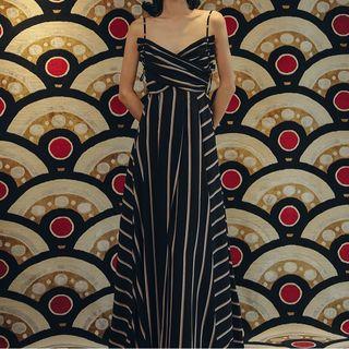 Striped Spaghetti Strap Open Back Dress