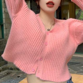 V-neck Cropped Cardigan Rose Pink - One Size