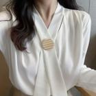 Long-sleeve Tie-neck Blouse / Faux Leather Mini A-line Skirt
