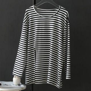Long-sleeve Striped Slit T-shirt Stripes - Black & White - One Size