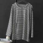 Long-sleeve Striped Slit T-shirt Stripes - Black & White - One Size