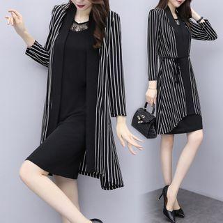 Set: Sleeveless Mini Dress + Striped Open-front Jacket