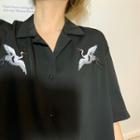 Crane Embroidered Loose-fit Short-sleeve Shirt
