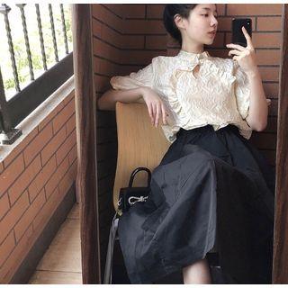 Puff-sleeve Ruffle Blouse / Midi A-line Skirt