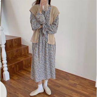 Long-sleeve Floral Dress / Knit Shawl