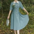 Elbow-sleeve Lace Up Collared Midi A-line Dress