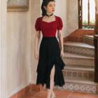 Set: Puff-sleeve Square-neck T-shirt + Lace Trim Ruffle Midi A-line Skirt