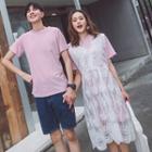 Couple Matching Set: Crew-neck Short-sleeve T-shirt Dress + Lace Sleeveless Dress / Crew-neck Short-sleeve T-shirt