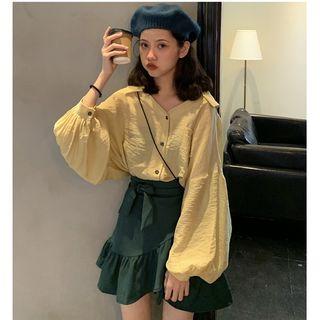 Puff-sleeve Buttoned Top / Frill Trim A-line Mini Skirt