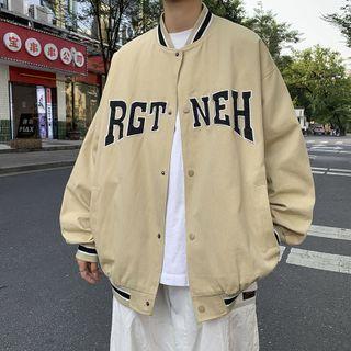 Long-sleeve Color-block Panel Lettering Embroidered Bomber Jacket