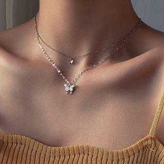 Butterfly Rhinestone Pendant Layered Alloy Choker
