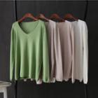 Plain Long-sleeve V-neck Knit Top