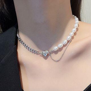 Faux Pearl And Chain Heart Choker X728 - 1pc - Silver & White - One Size