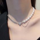 Faux Pearl And Chain Heart Choker X728 - 1pc - Silver & White - One Size