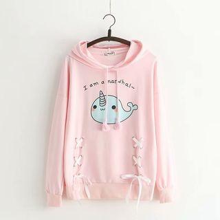 Printed Lace Up Detail Hoodie
