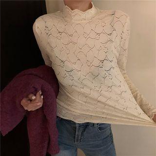 Long-sleeve Stand Collar Lace Top Off-white - One Size