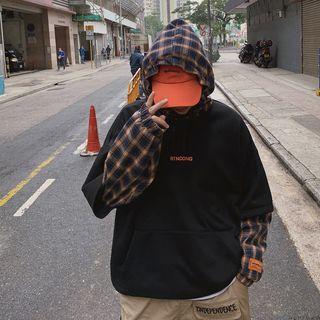 Mock Two Piece Letter Printed Plaid Hooded Pullover