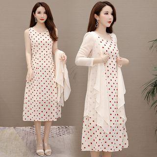 Set: Sleeveless Midi Dotted Chiffon Dress + Light Jacket