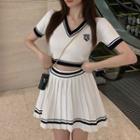 Set: Short-sleeve Top + Pleated Skirt Top - White - One Size / Skirt - White - One Size