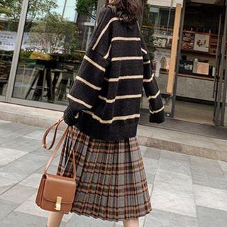 Set: Striped Oversize Sweater + Plaid Midi Accordion-pleat Skirt