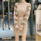 Mock Two-piece Plaid-sleeve Cable Knit Mini Dress Almond - One Size
