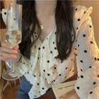 Long-sleeve Dotted Ruffled Blouse Black Floral - Almond - One Size
