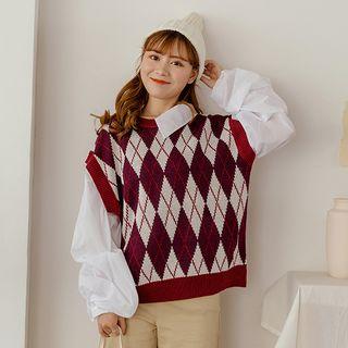 Mock Two-piece Argyle Knit Panel Shirt