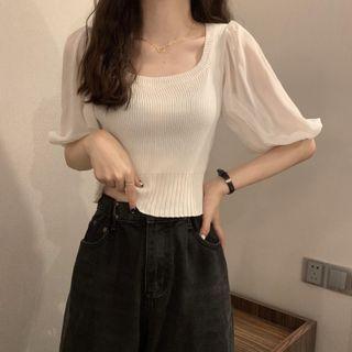 Short-sleeve Panel Knit Crop Top