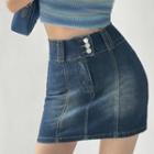 Three Button Wide Belt Denim A-line Semi Skirt